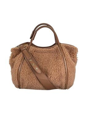Max Mara Teddy Bear Bag 2-Way Handbag Camel Silk Brown